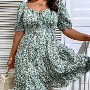 🧁B2G1🧁 SHEIN Blue-Green Ditsy Floral Tiered Puff-Sleeve Dress